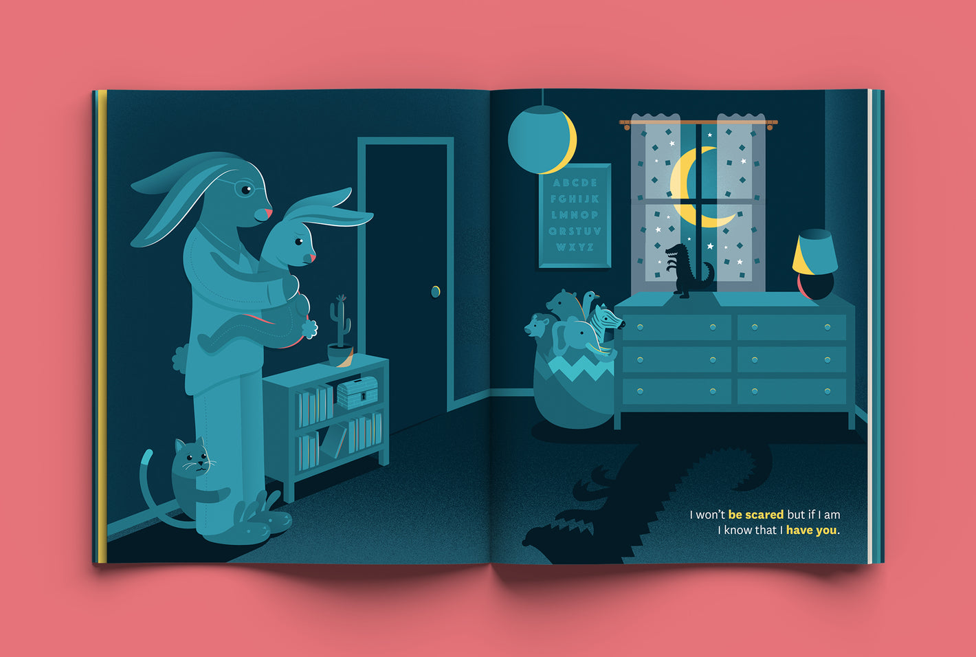 Illustration from Tomorrow I’ll be Brave depicting a parent bunny comforting a child bunny who is afraid of a shadow.