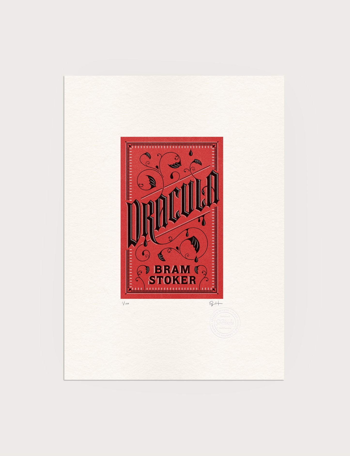 2-color letterpress print in red and black. Printed artwork is an illustrated book cover of Dracula including custom hand lettering.