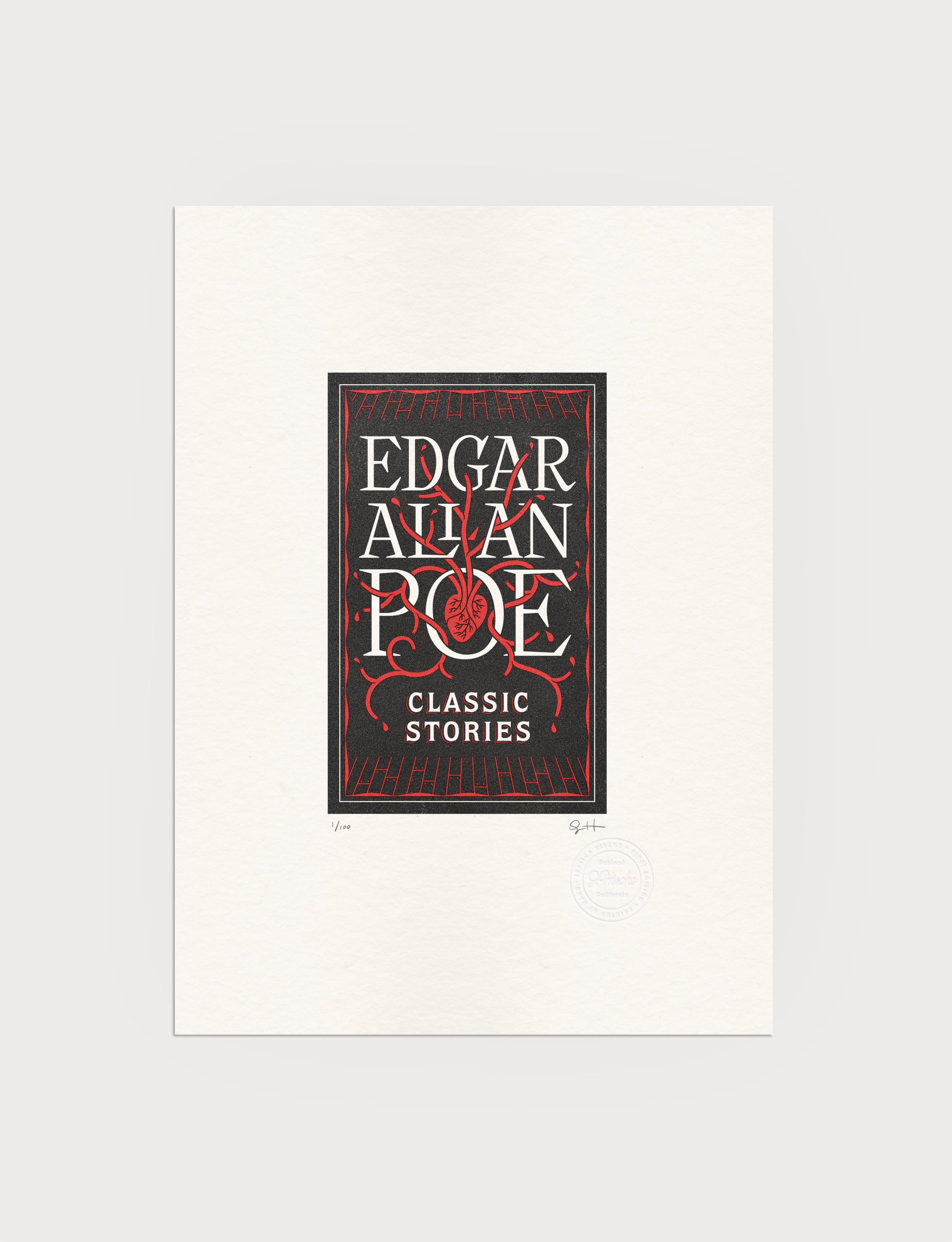 2-color letterpress print in black and red. Printed artwork is an illustrated book cover of Edgar Allan Poe including custom hand lettering.