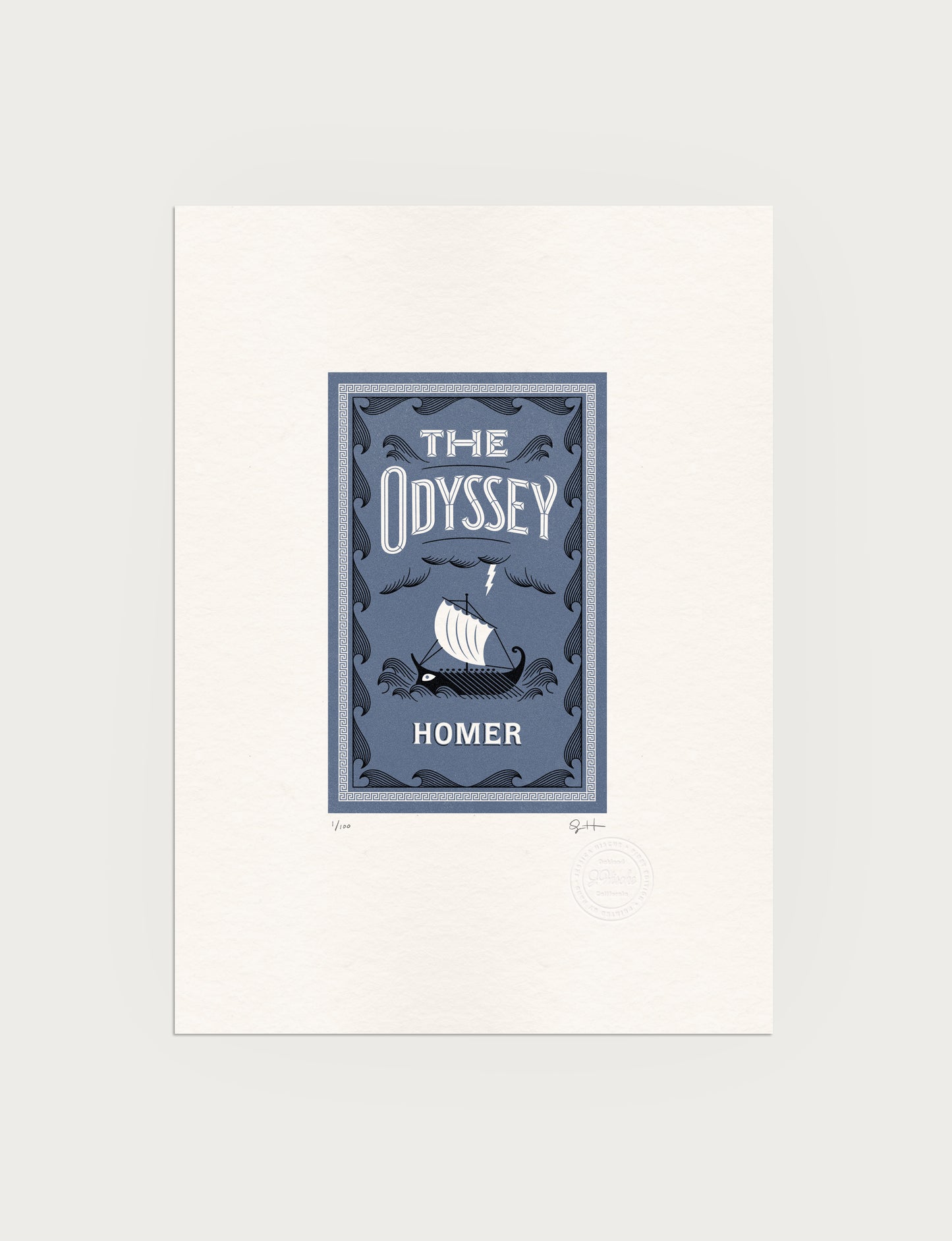 2-color letterpress print in blue and black. Printed artwork is an illustrated book cover of The Adventures of The Odyssey including custom hand lettering.