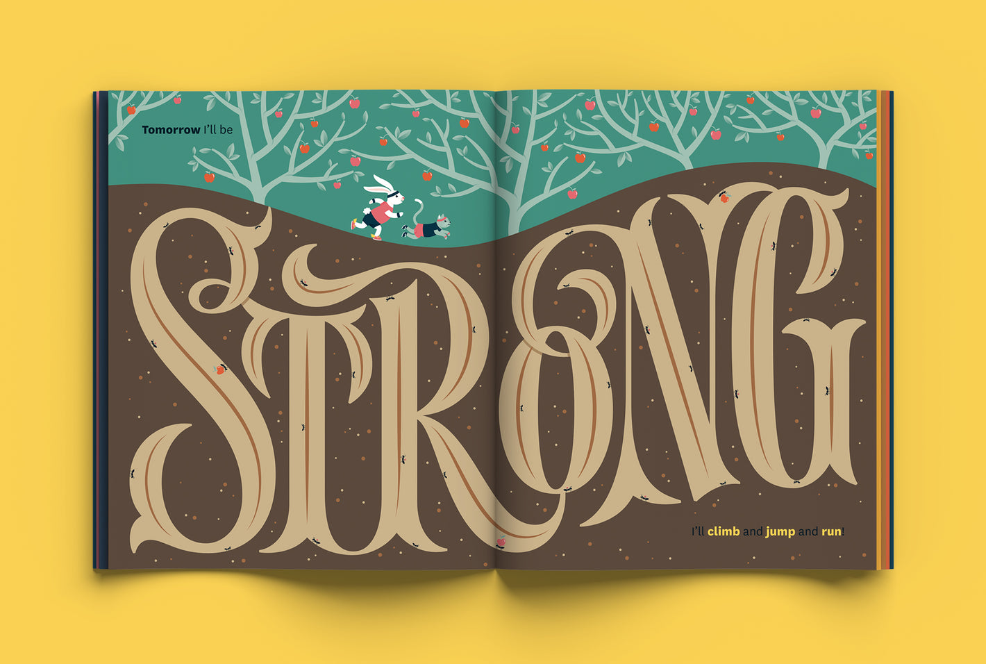 Lettering illustration from Tomorrow I’ll be Brave depicting animal characters running above the word "Strong" which is rendered as an underground ant colony.