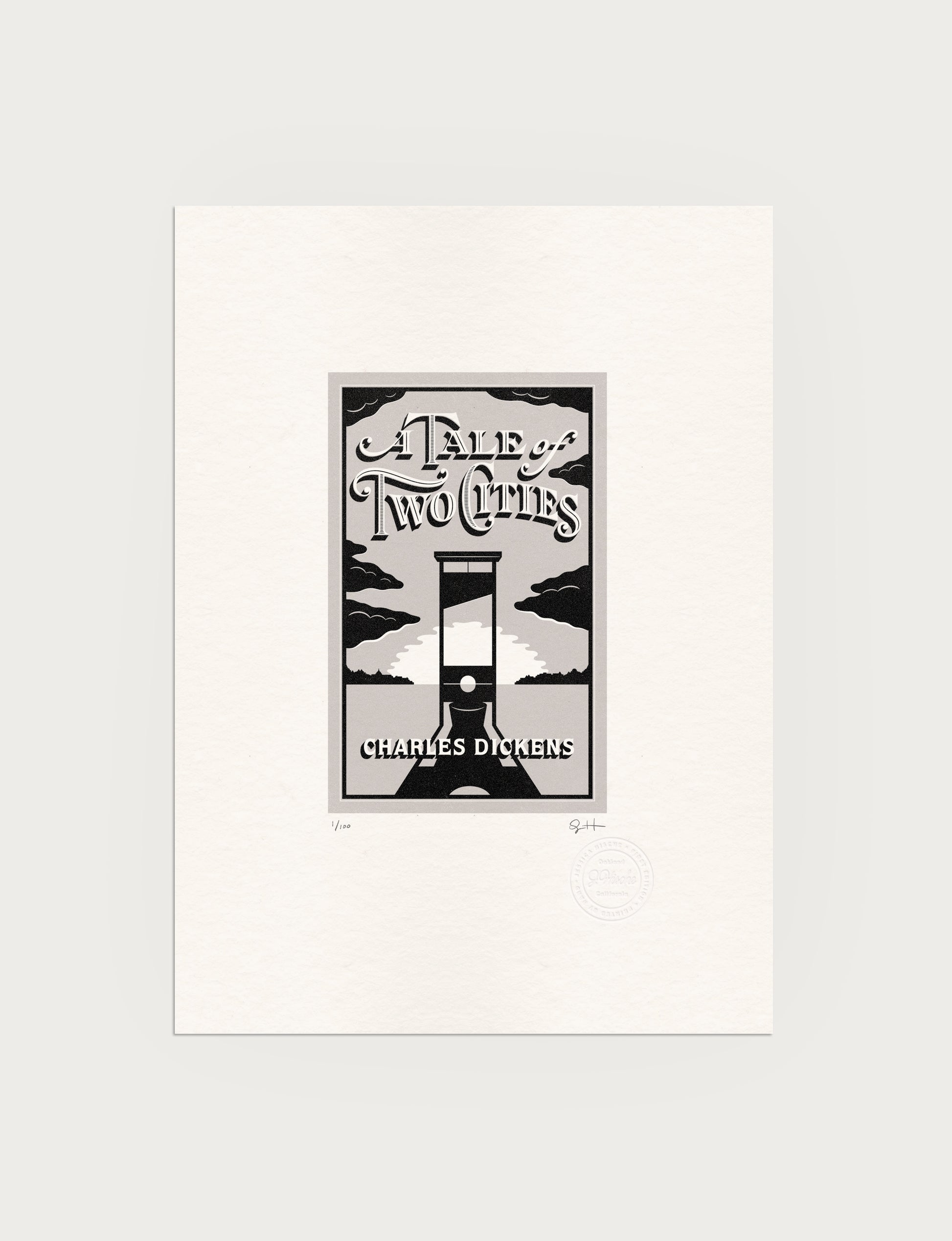 2-color letterpress print in gray and black. Printed artwork is an illustrated book cover of A Tale of Two Cities including custom hand lettering.