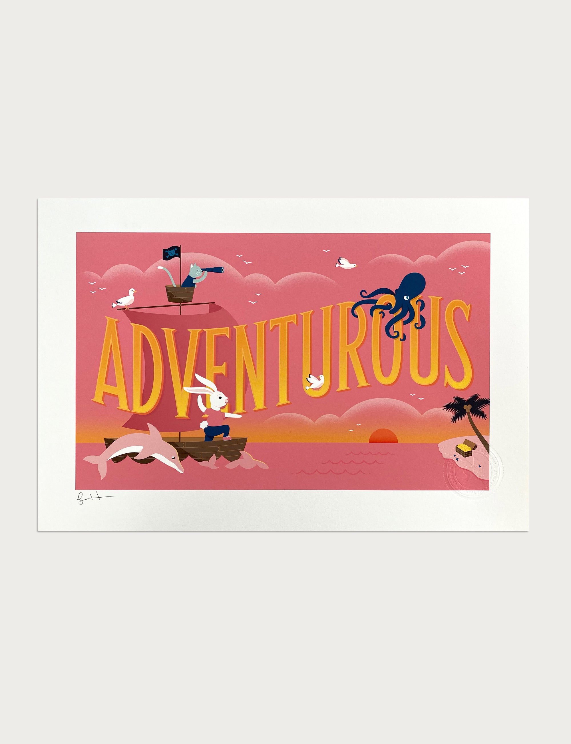 Giclée print of illustrated word "Adventurous" set inside a scene of main characters sailing towards an island.