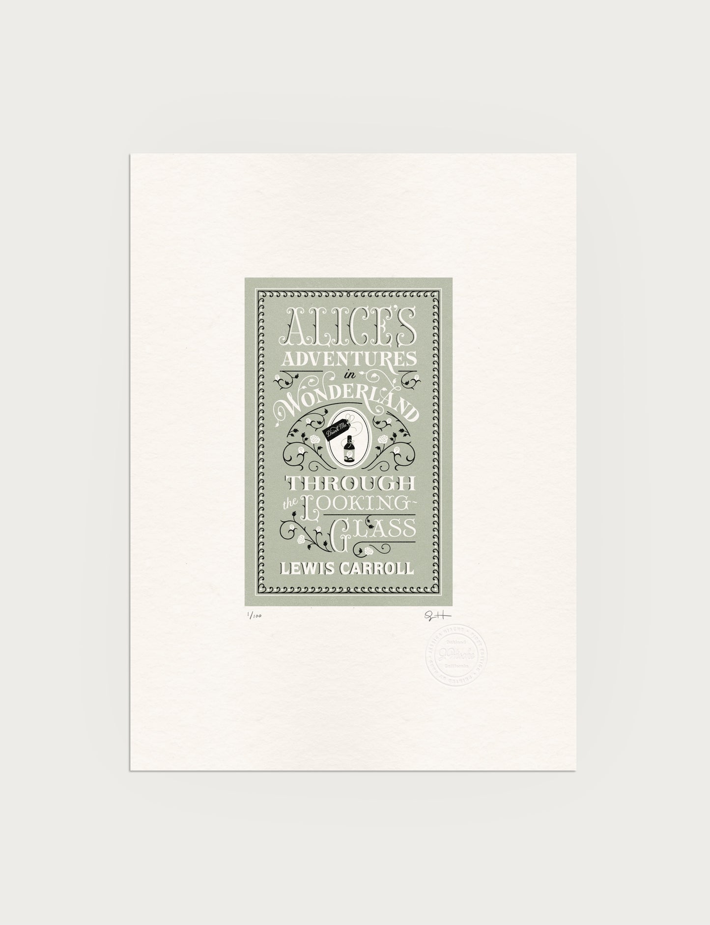 2-color letterpress print in green and black. Printed artwork is an illustrated book cover of Alice's Adventures in Wonderland including custom hand-lettering.