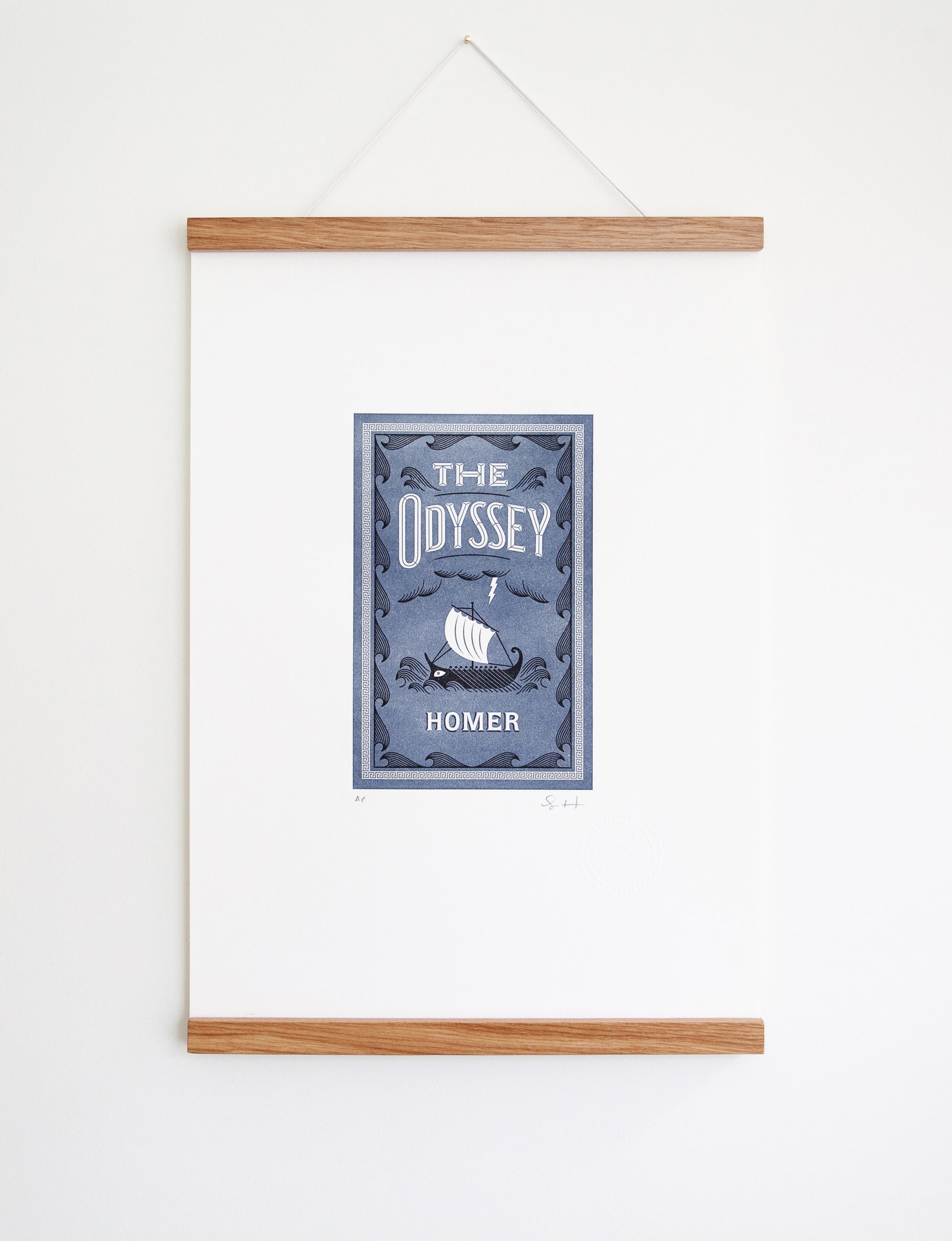 Framed 2-color letterpress print in blue and black. Printed artwork is an illustrated book cover of The Adventures of The Odyssey including custom hand lettering.