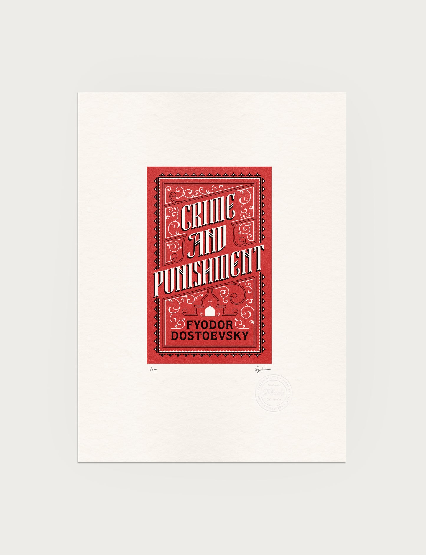 2-color letterpress print in red and black. Printed artwork is an illustrated book cover of Crime and Punishment including custom hand lettering.