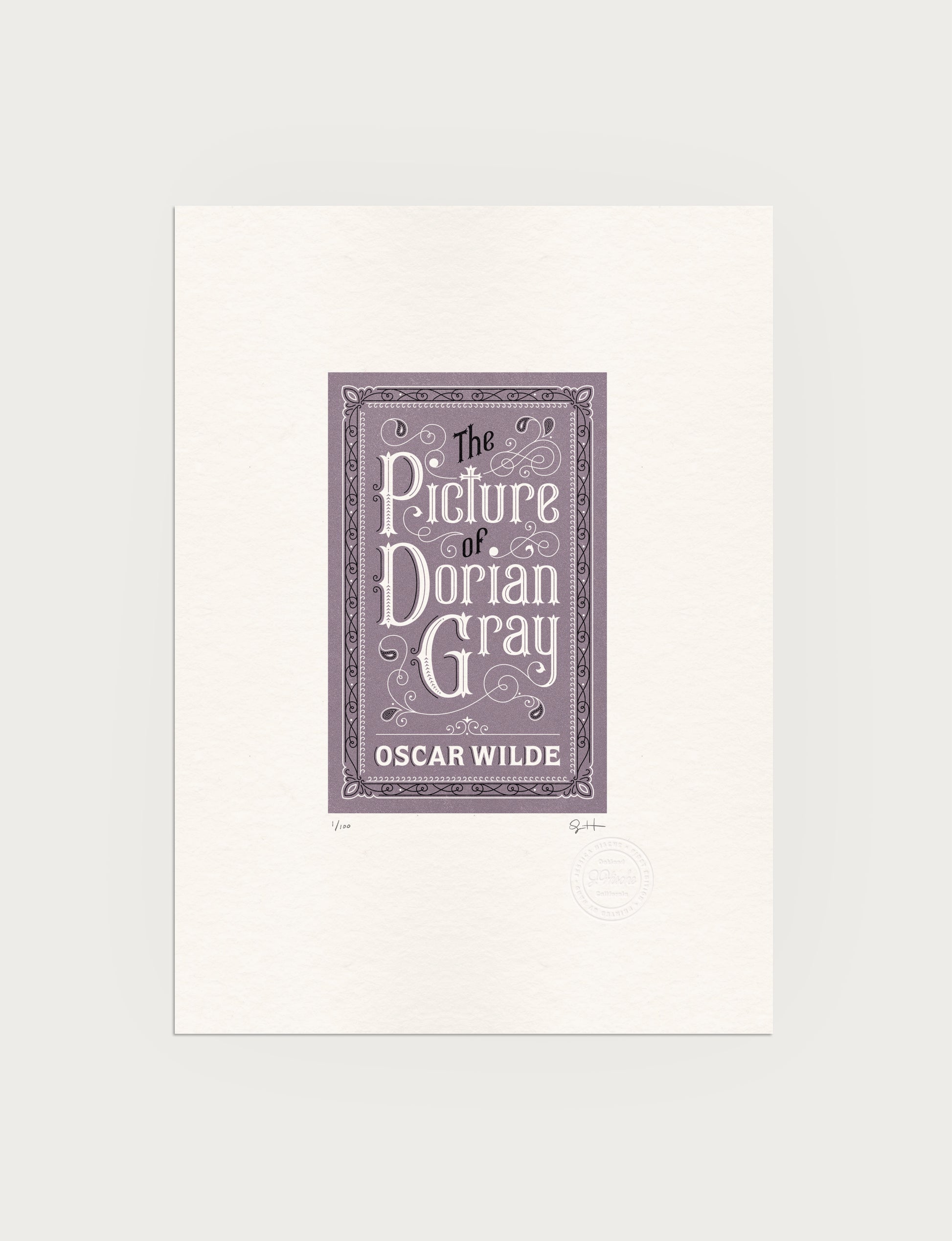 2-color letterpress print in violet and black. Printed artwork is an illustrated book cover of The Picture of Dorian Gray including custom hand lettering.