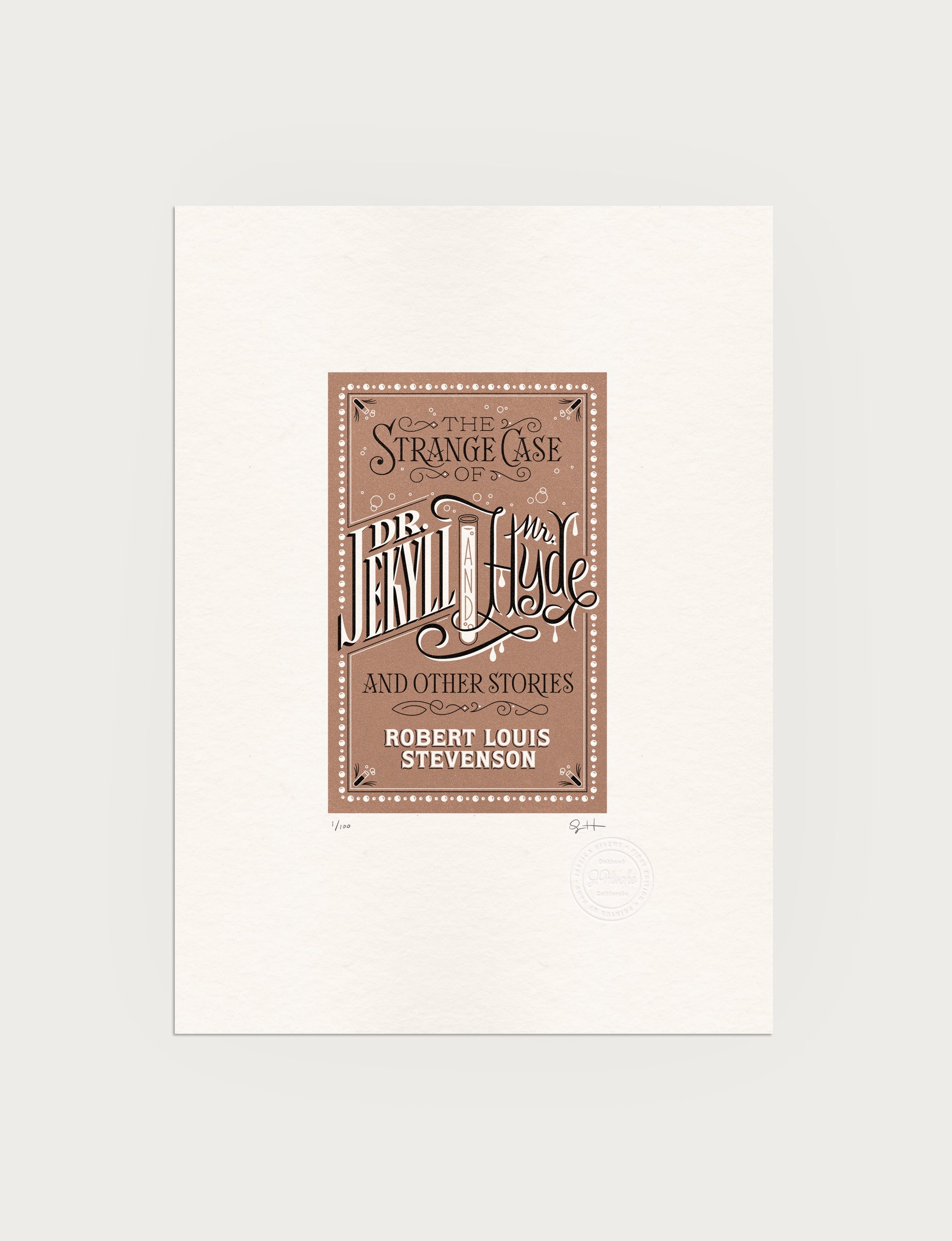 2-color letterpress print in brown and black. Printed artwork is an illustrated book cover of Dr. Jekyll and Mr. Hyde including custom hand lettering.