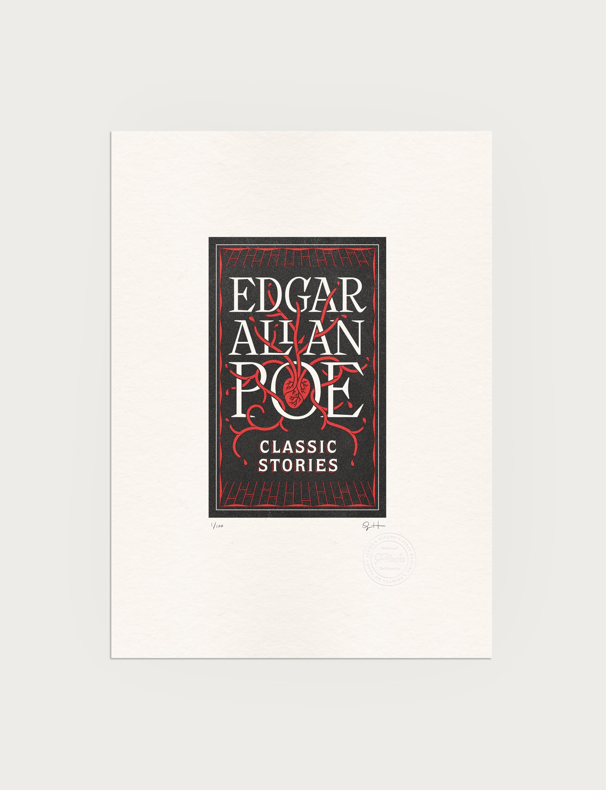 2-color letterpress print in black and red. Printed artwork is an illustrated book cover of Edgar Allan Poe including custom hand lettering.