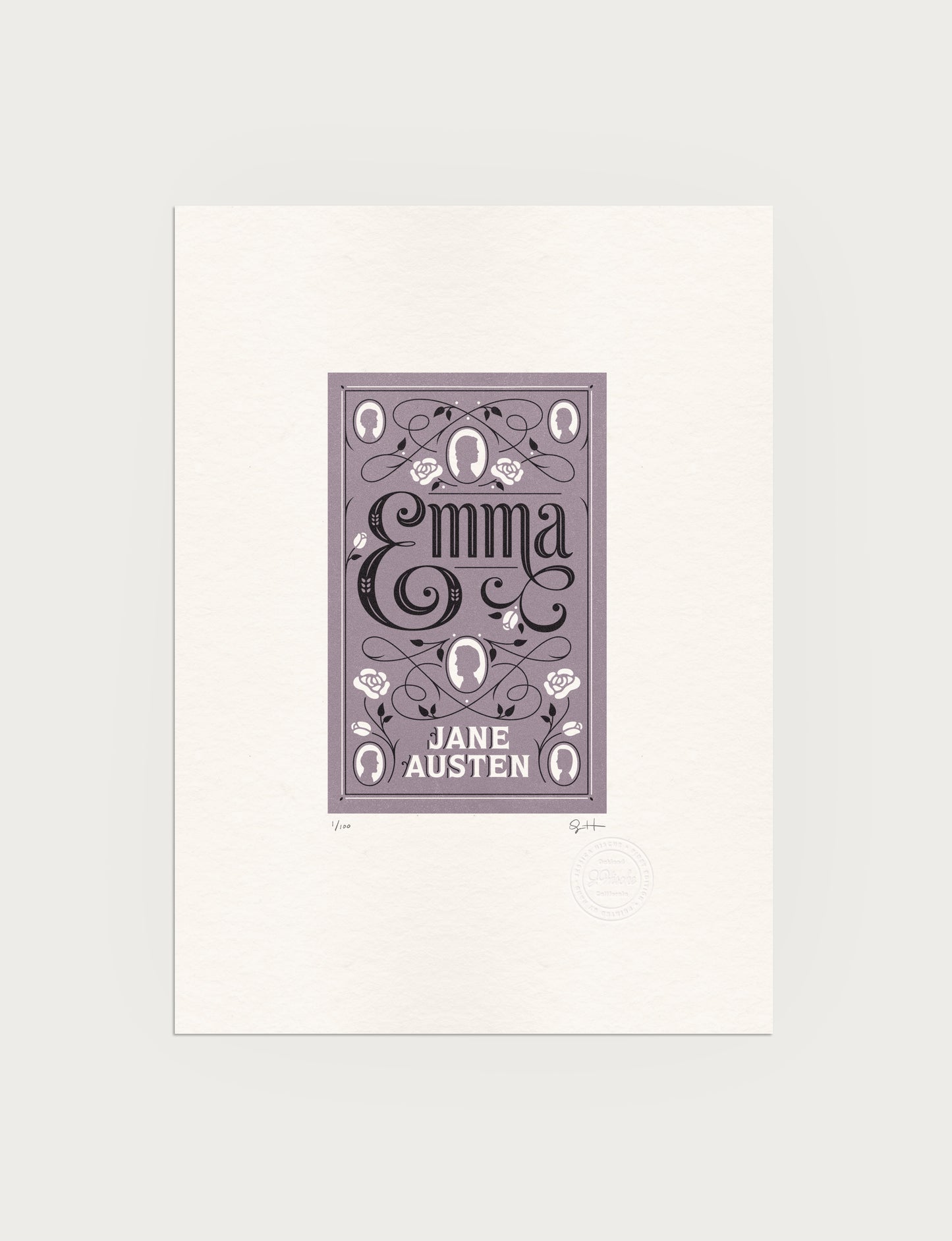 2-color letterpress print in violet and black. Printed artwork is an illustrated book cover of Emma including custom hand lettering.