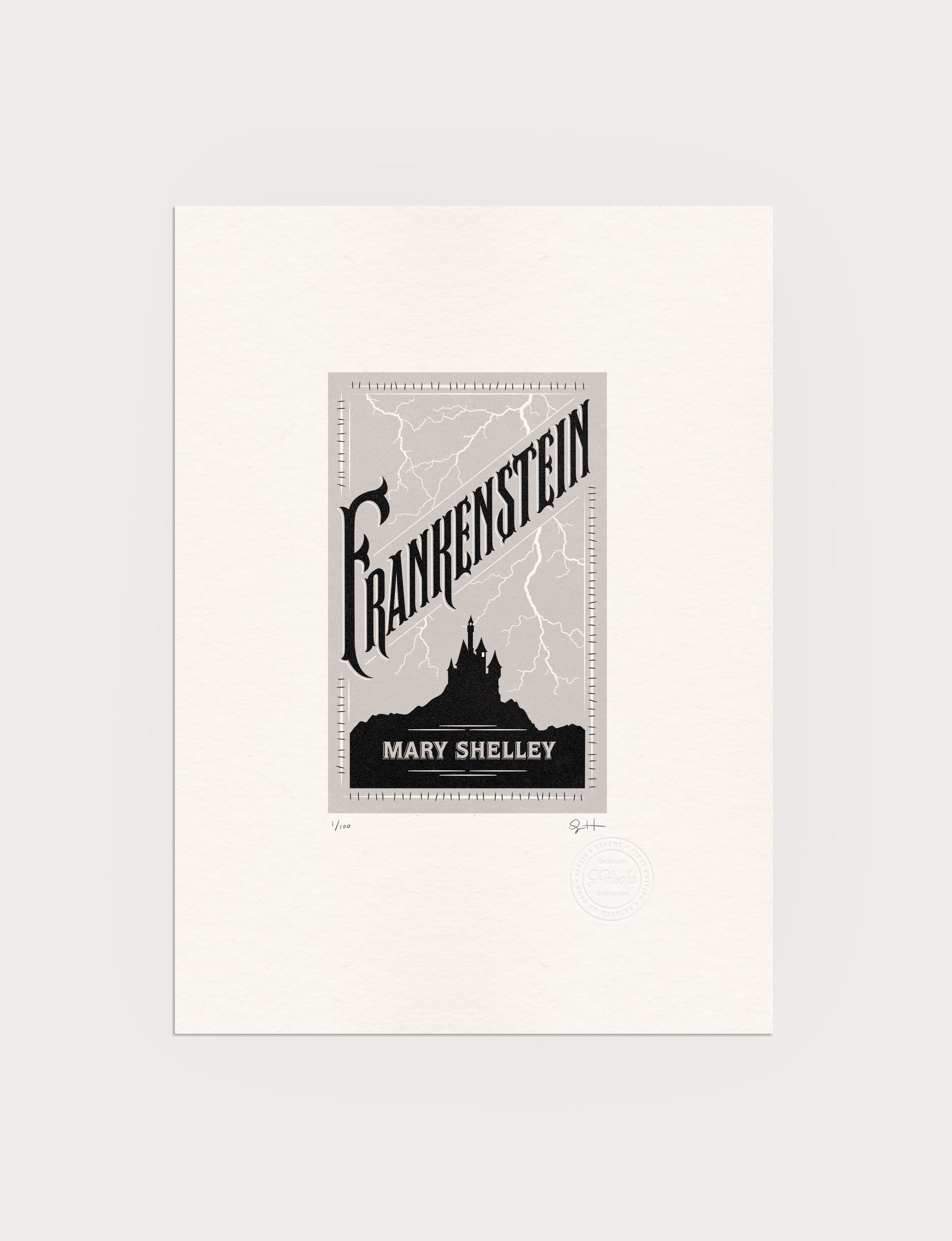 2-color letterpress print in gray and black. Printed artwork is an illustrated book cover of Frankenstein including custom hand lettering.