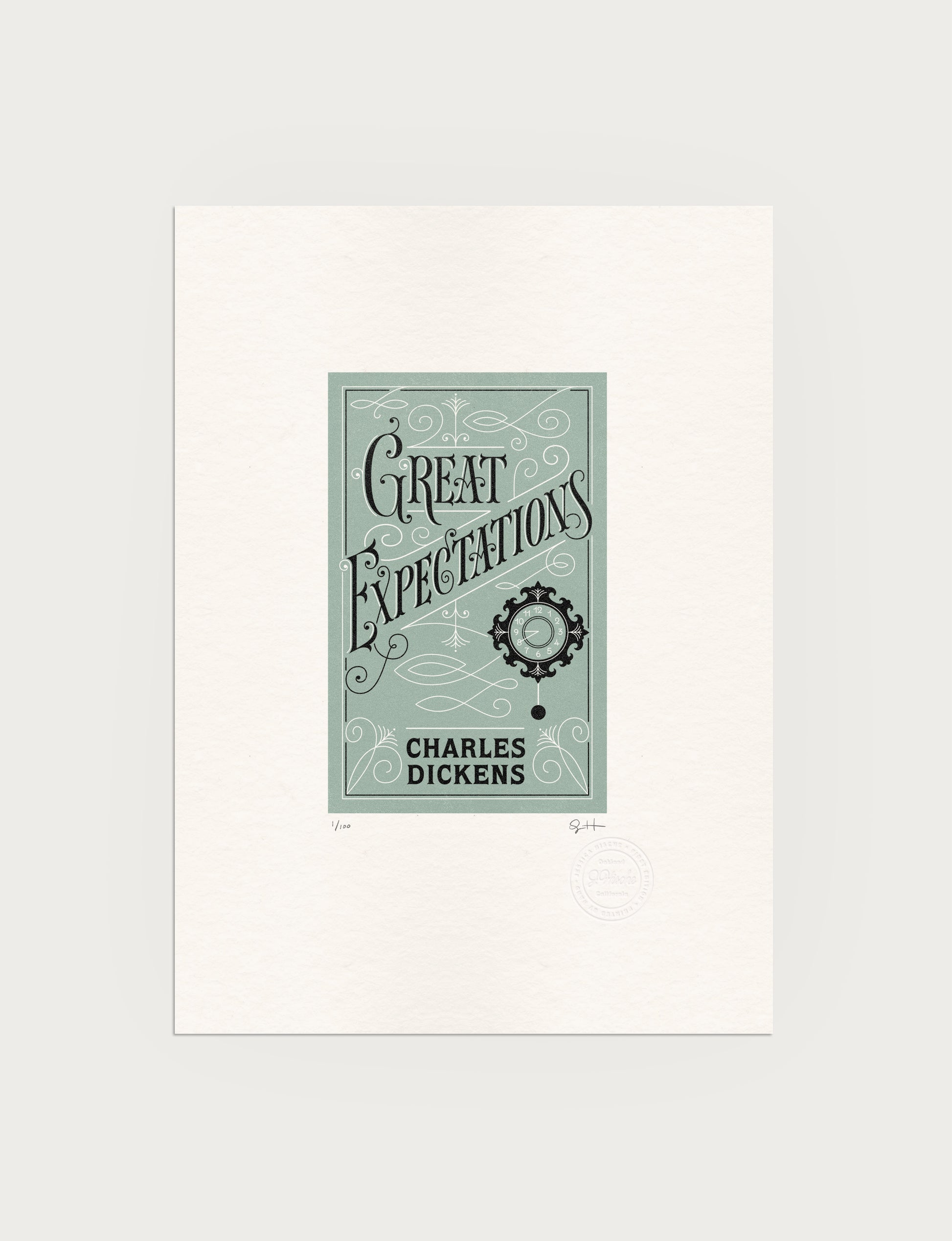 2-color letterpress print in green and black. Printed artwork is an illustrated book cover of Great Expectations including custom hand lettering.