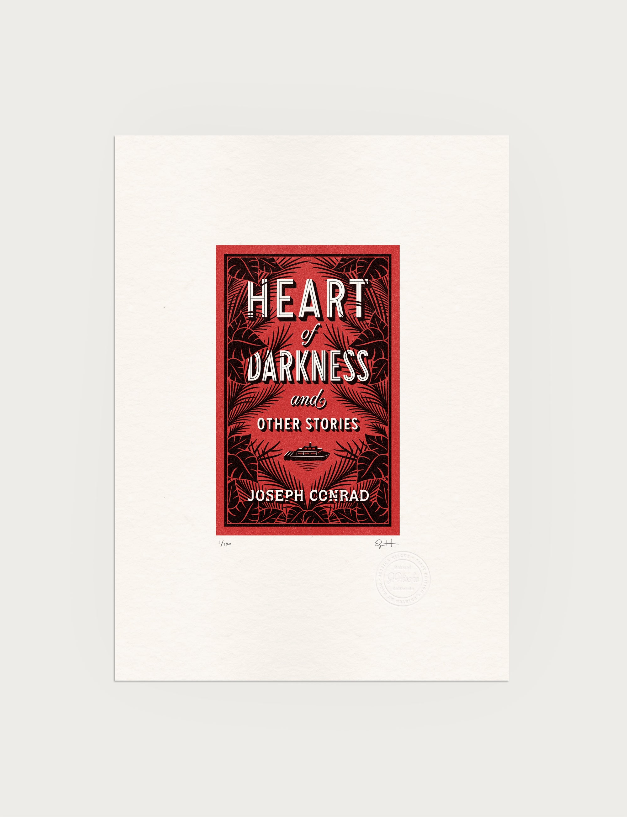 2-color letterpress print in red and black. Printed artwork is an illustrated book cover of Heart of Darkness including custom hand lettering.