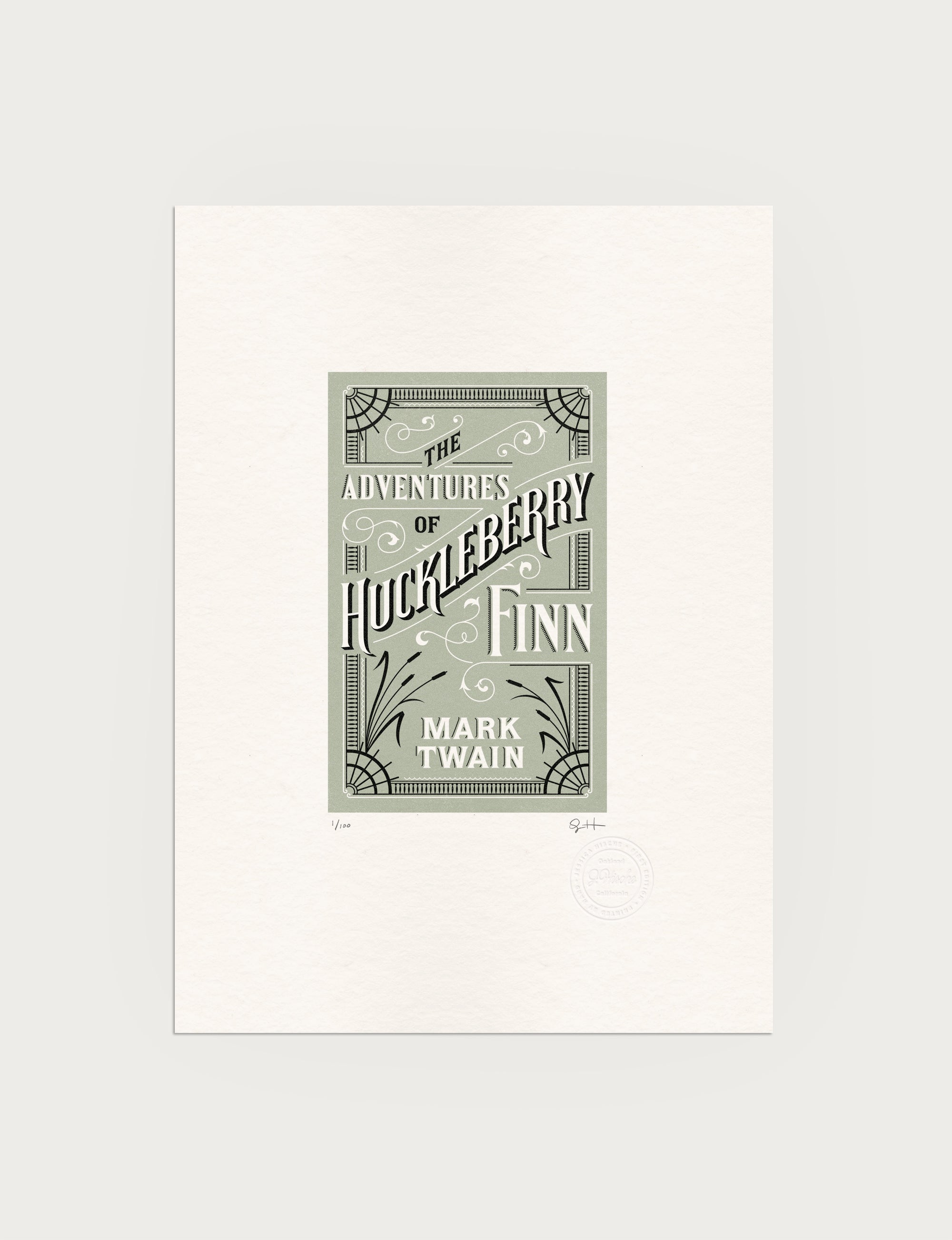 2-color letterpress print in green and black. Printed artwork is an illustrated book cover of The Adventures of Huckleberry Finn including custom hand lettering.