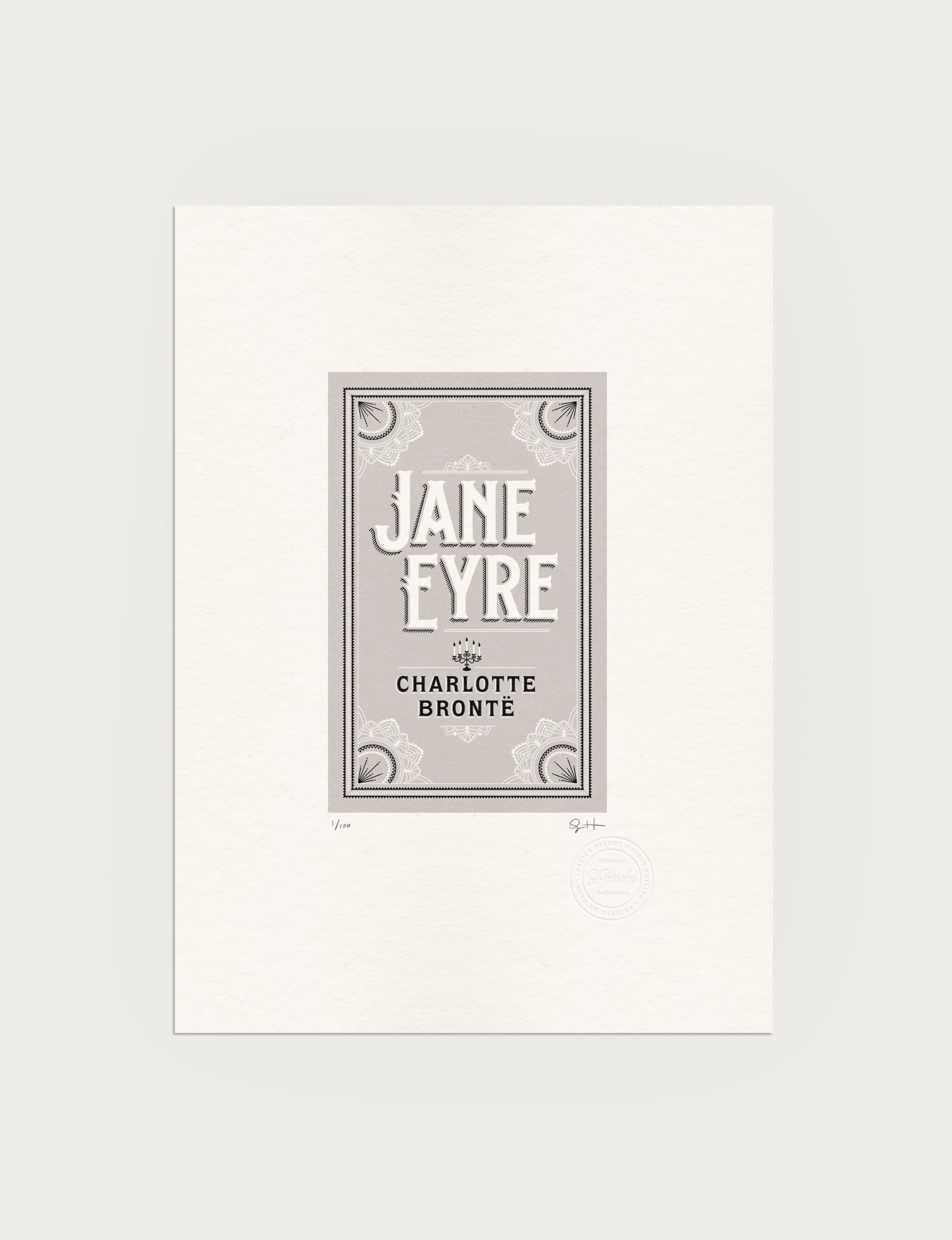 2-color letterpress print in gray and black. Printed artwork is an illustrated book cover of Jane Eyre including custom hand lettering.