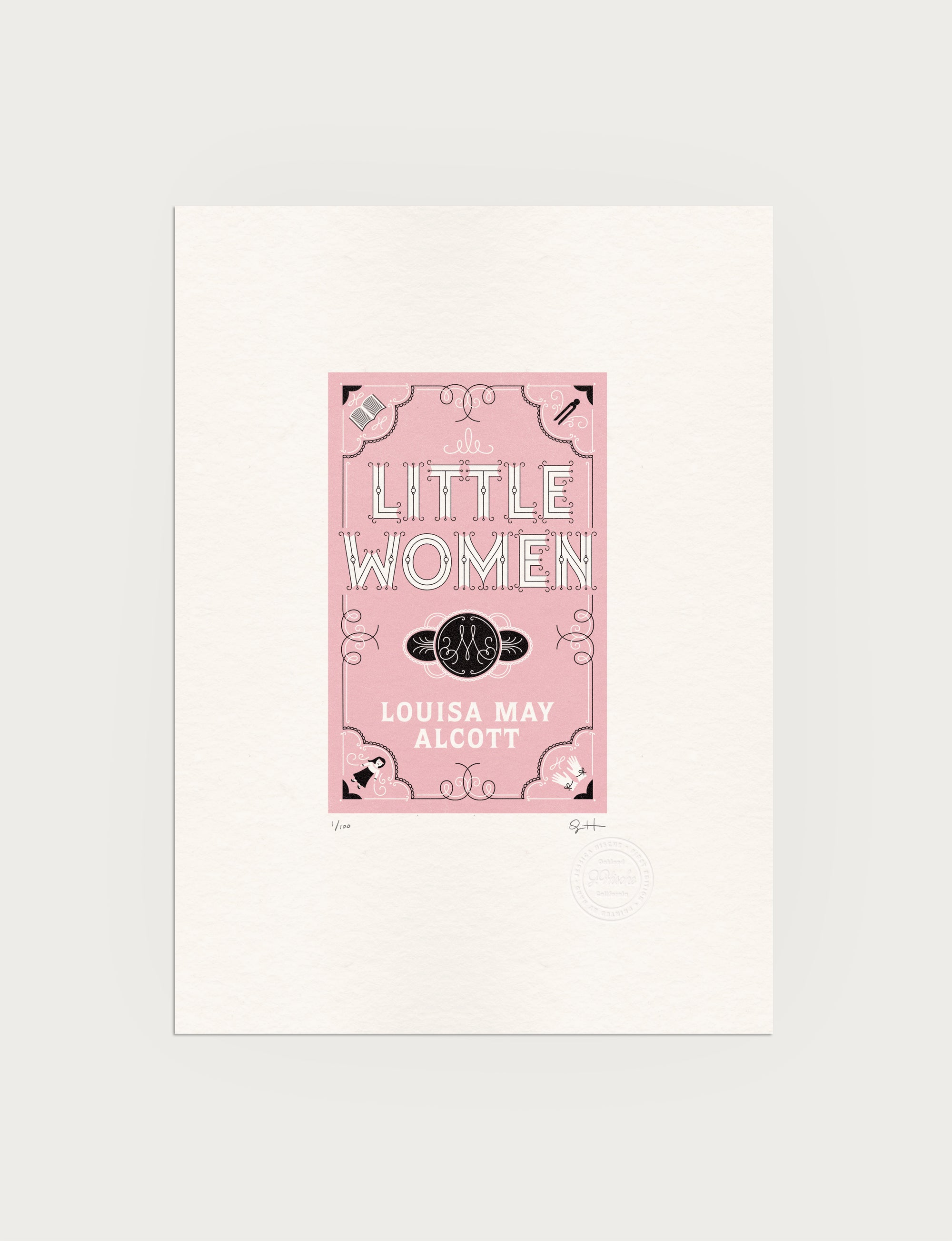 2-color letterpress print in pink and black. Printed artwork is an illustrated book cover of Little Women including custom hand lettering.