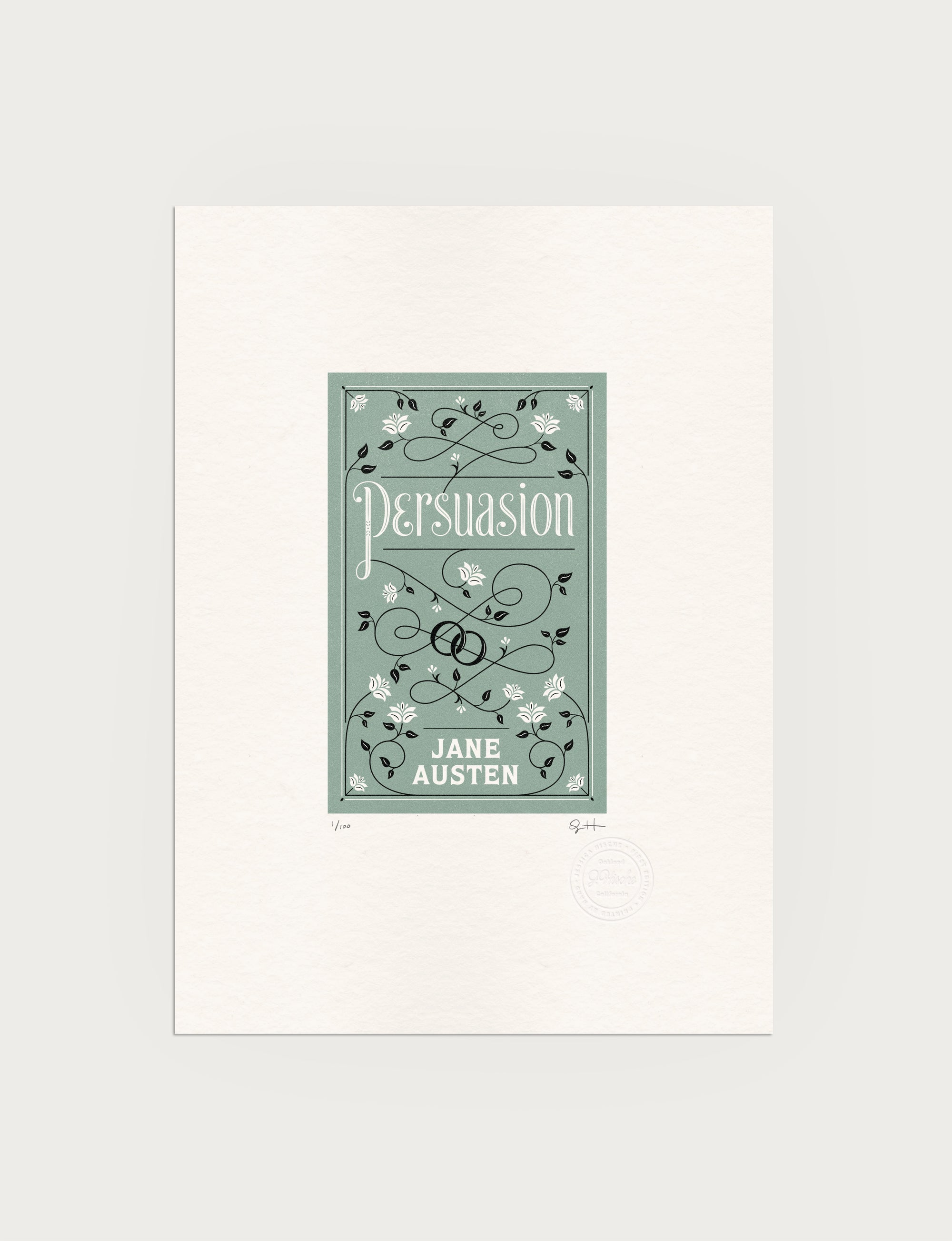 2-color letterpress print in green and black. Printed artwork is an illustrated book cover of Persuasion including custom hand lettering.