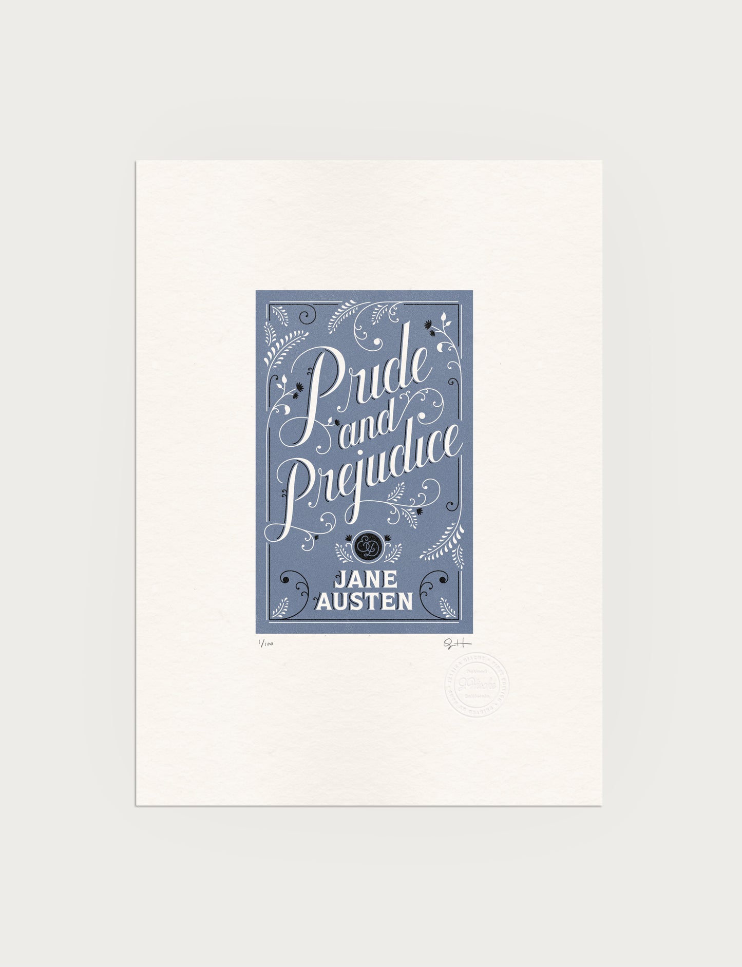 2-color letterpress print in blue and black. Printed artwork is an illustrated book cover of Pride and Prejudice including custom hand lettering.