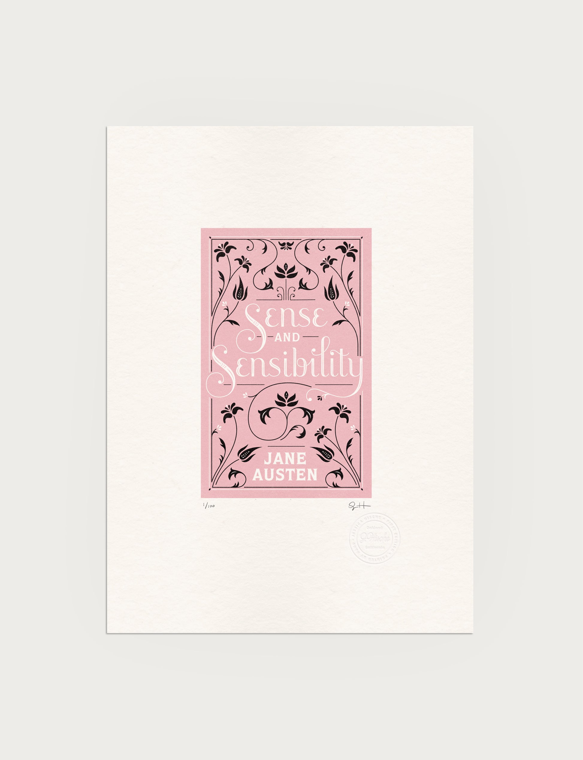 2-color letterpress print in pink and black. Printed artwork is an illustrated book cover of Sense and Sensibility including custom hand lettering.
