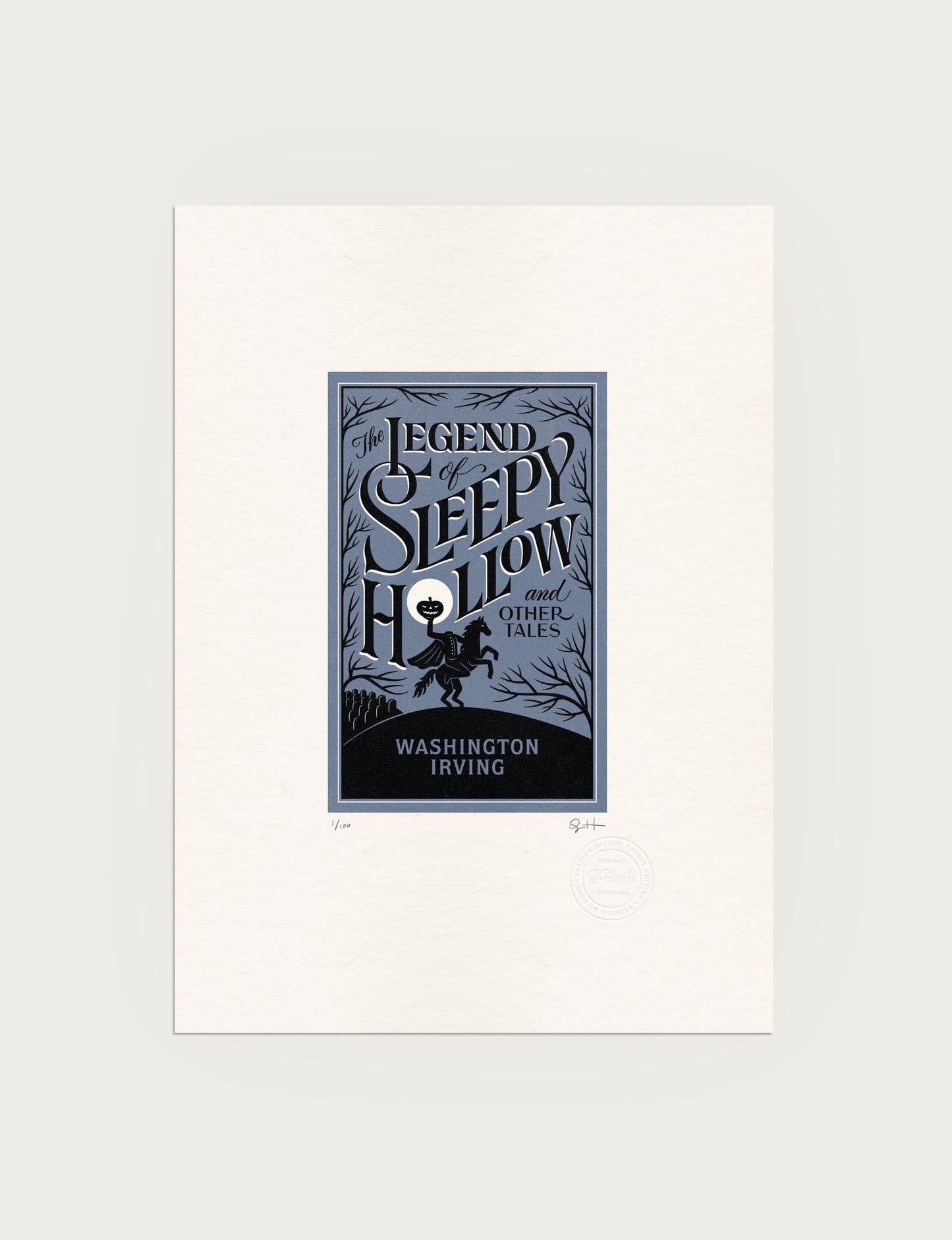 2-color letterpress print in blue and black. Printed artwork is an illustrated book cover of The Legend of Sleepy Hollow including custom hand lettering.