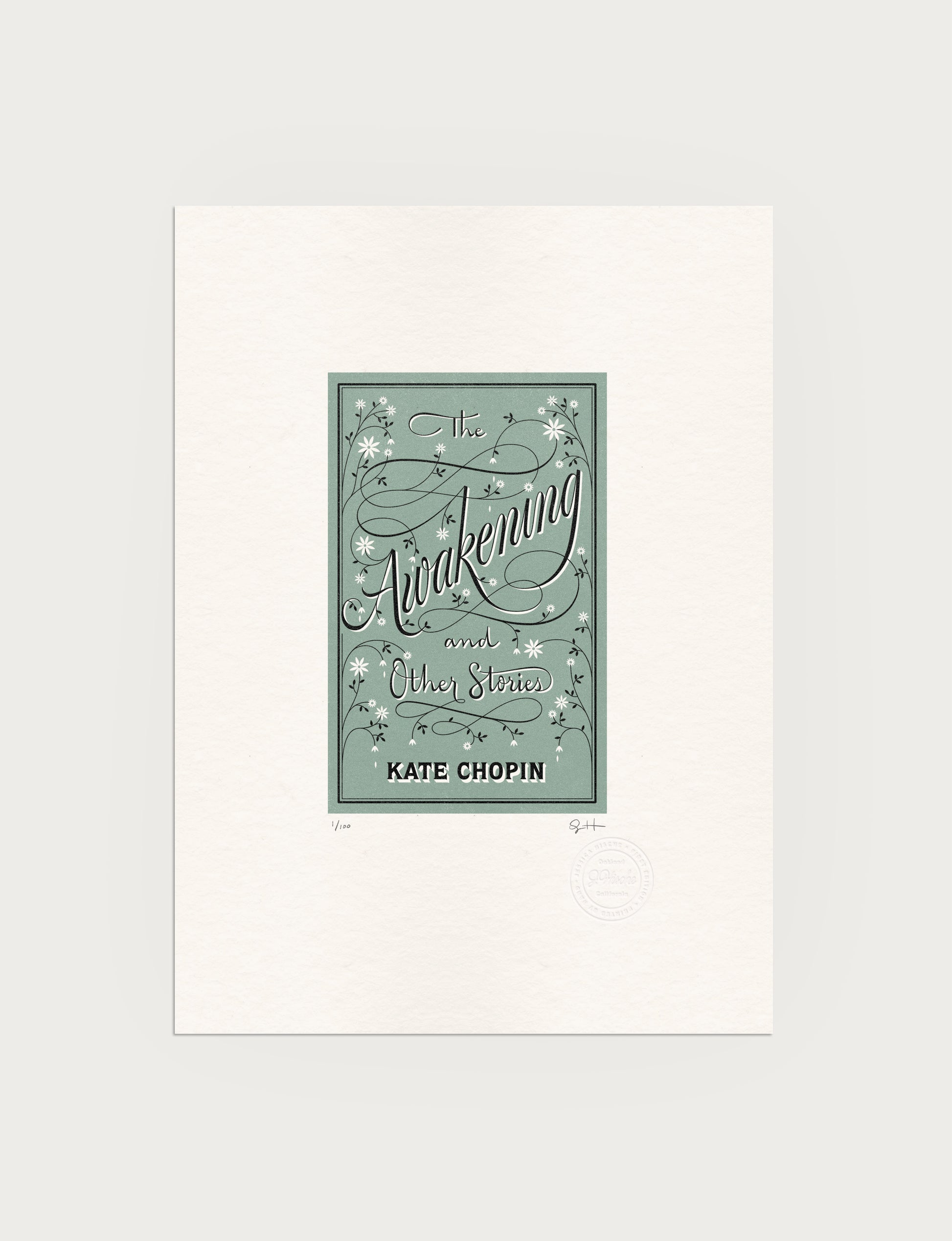 2-color letterpress print in green and black. Printed artwork is an illustrated book cover of The Adventures of The Awakening including custom hand lettering.