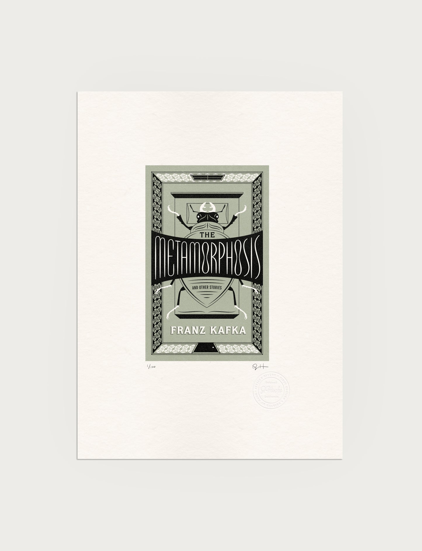 2-color letterpress print in green and black. Printed artwork is an illustrated book cover of The Metamorphosis including custom hand lettering.