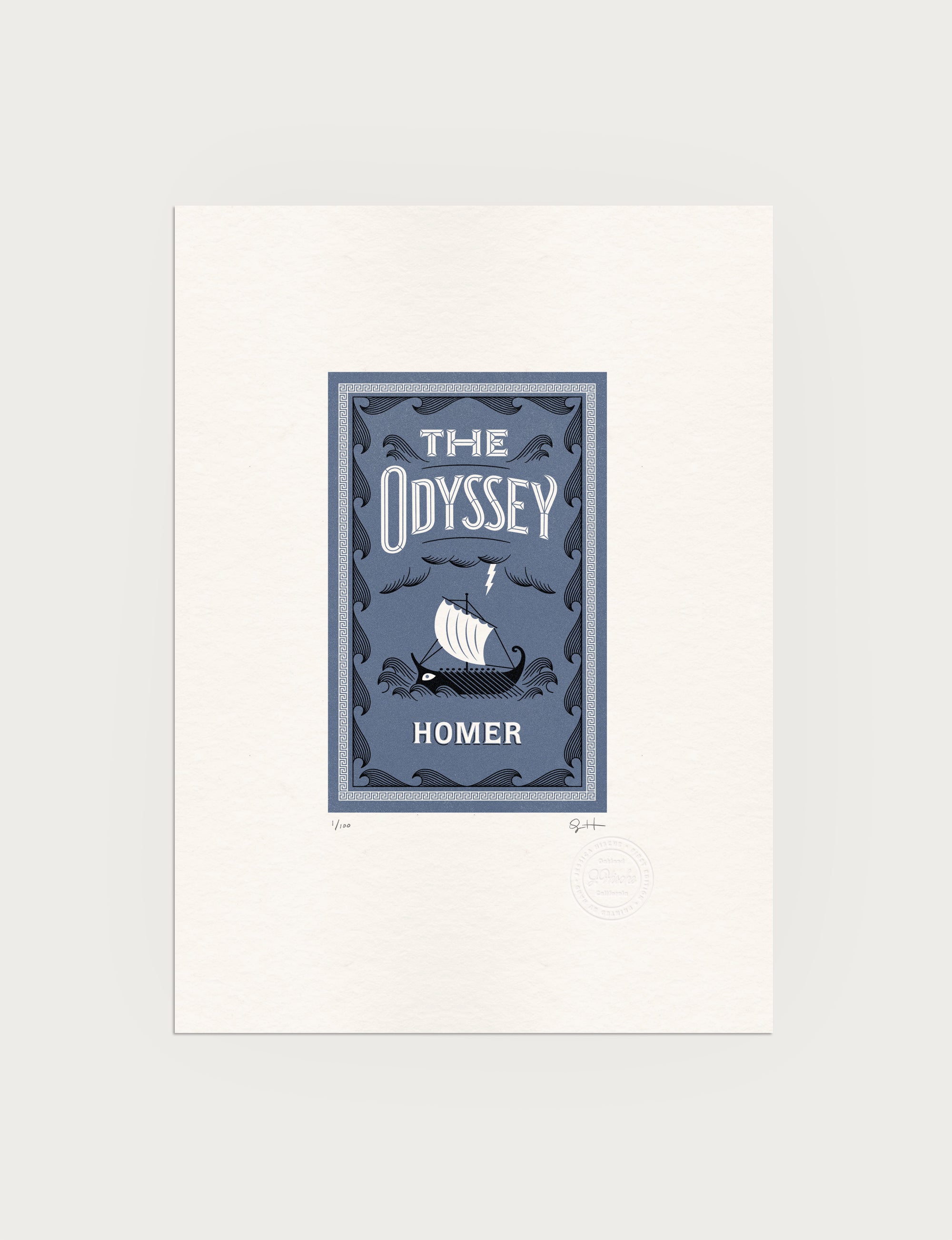 2-color letterpress print in blue and black. Printed artwork is an illustrated book cover of The Adventures of The Odyssey including custom hand lettering.