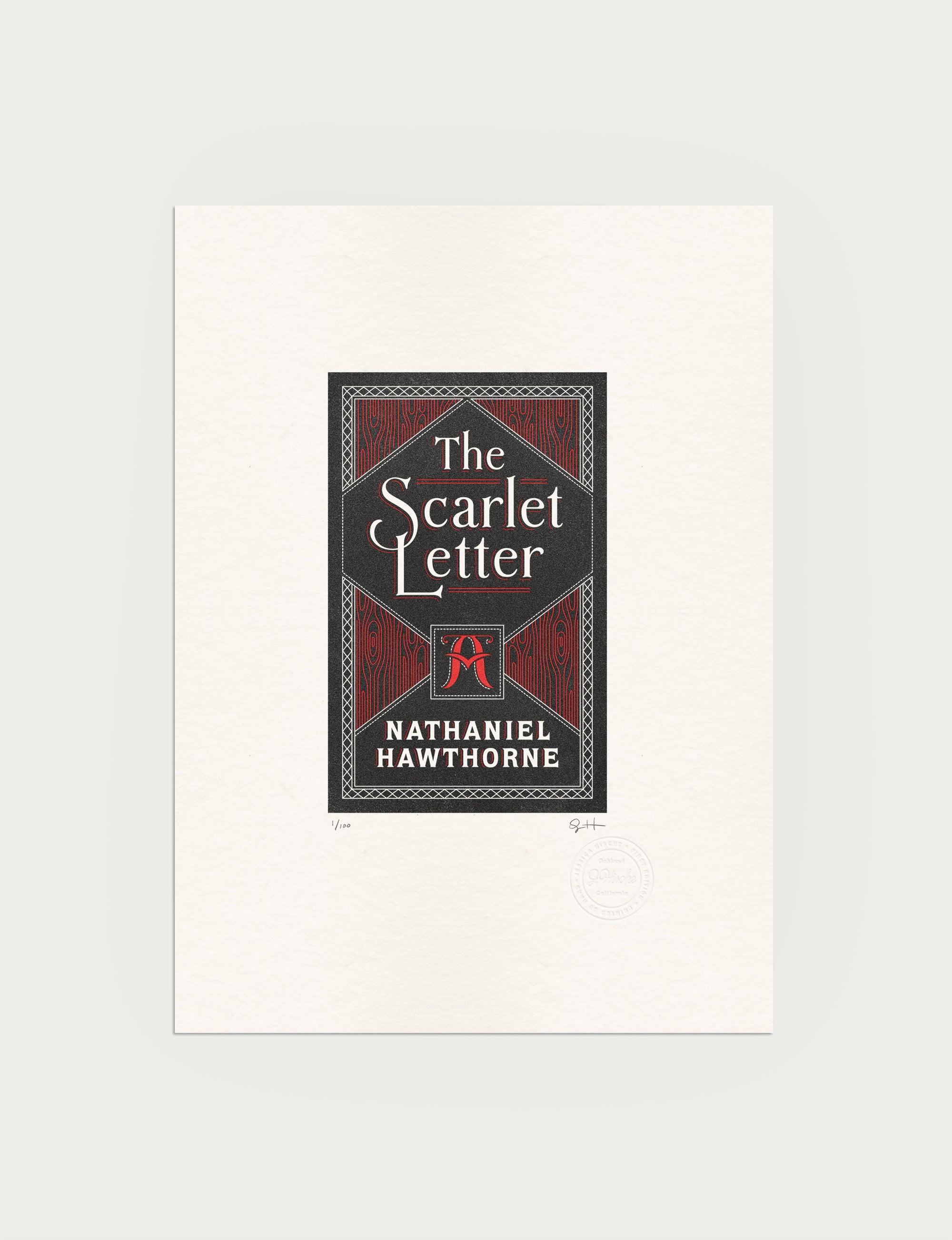 2-color letterpress print in black and red. Printed artwork is an illustrated book cover of The Scarlet Letter including custom hand lettering.