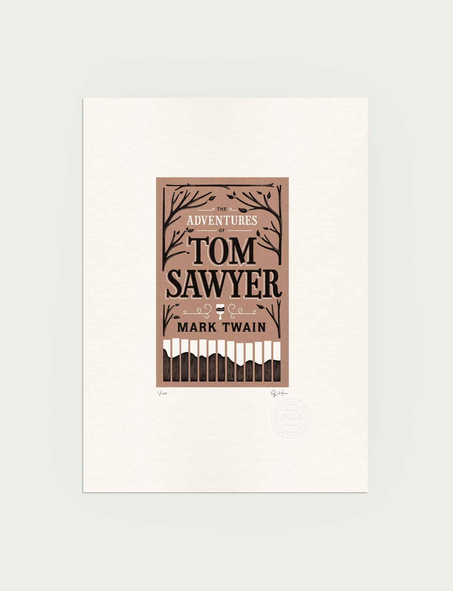2-color letterpress print in brown and black. Printed artwork is an illustrated book cover of The Adventures of Tom Sawyer including custom hand lettering.