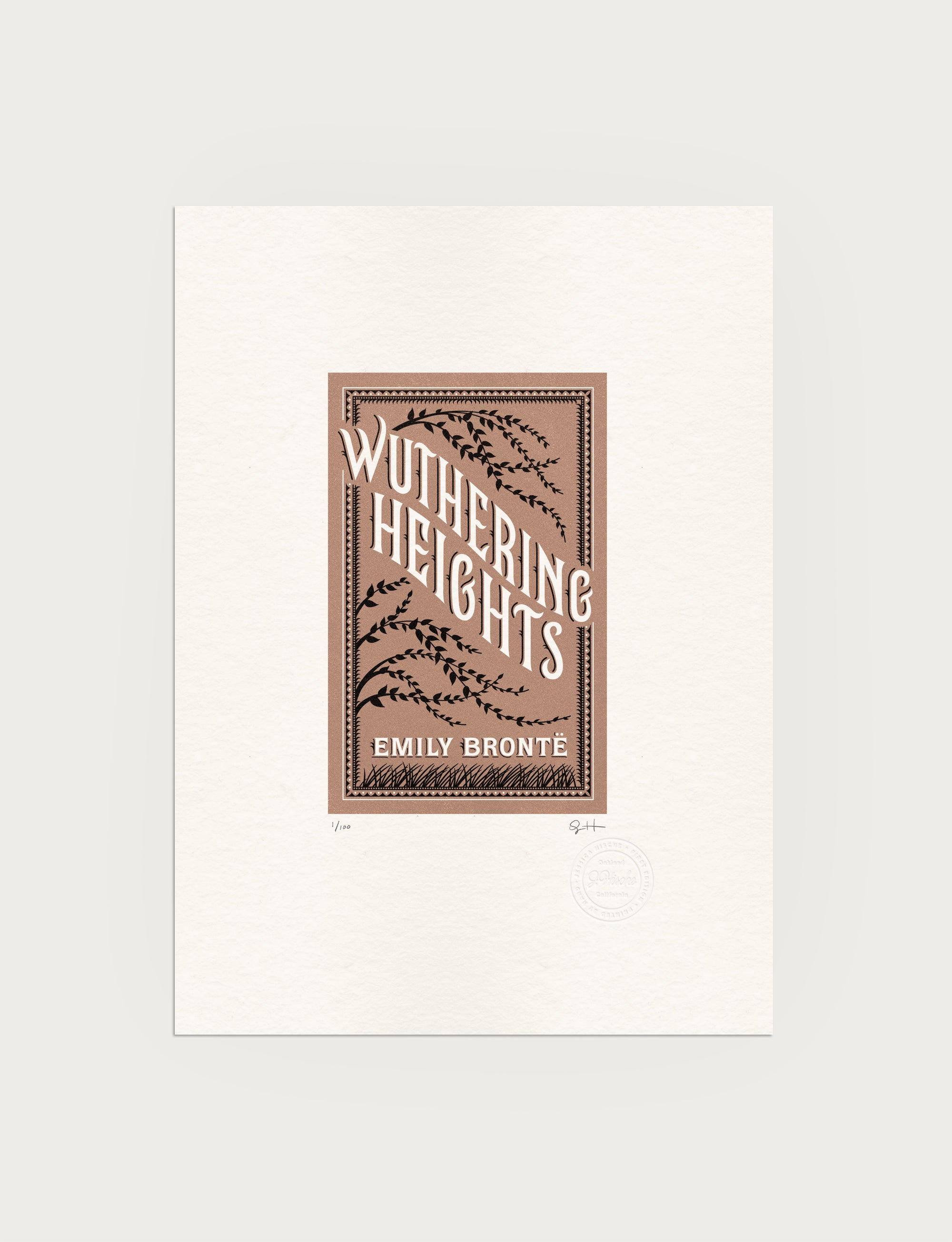 2-color letterpress print in brown and black. Printed artwork is an illustrated book cover of Wuthering Heights including custom hand lettering.
